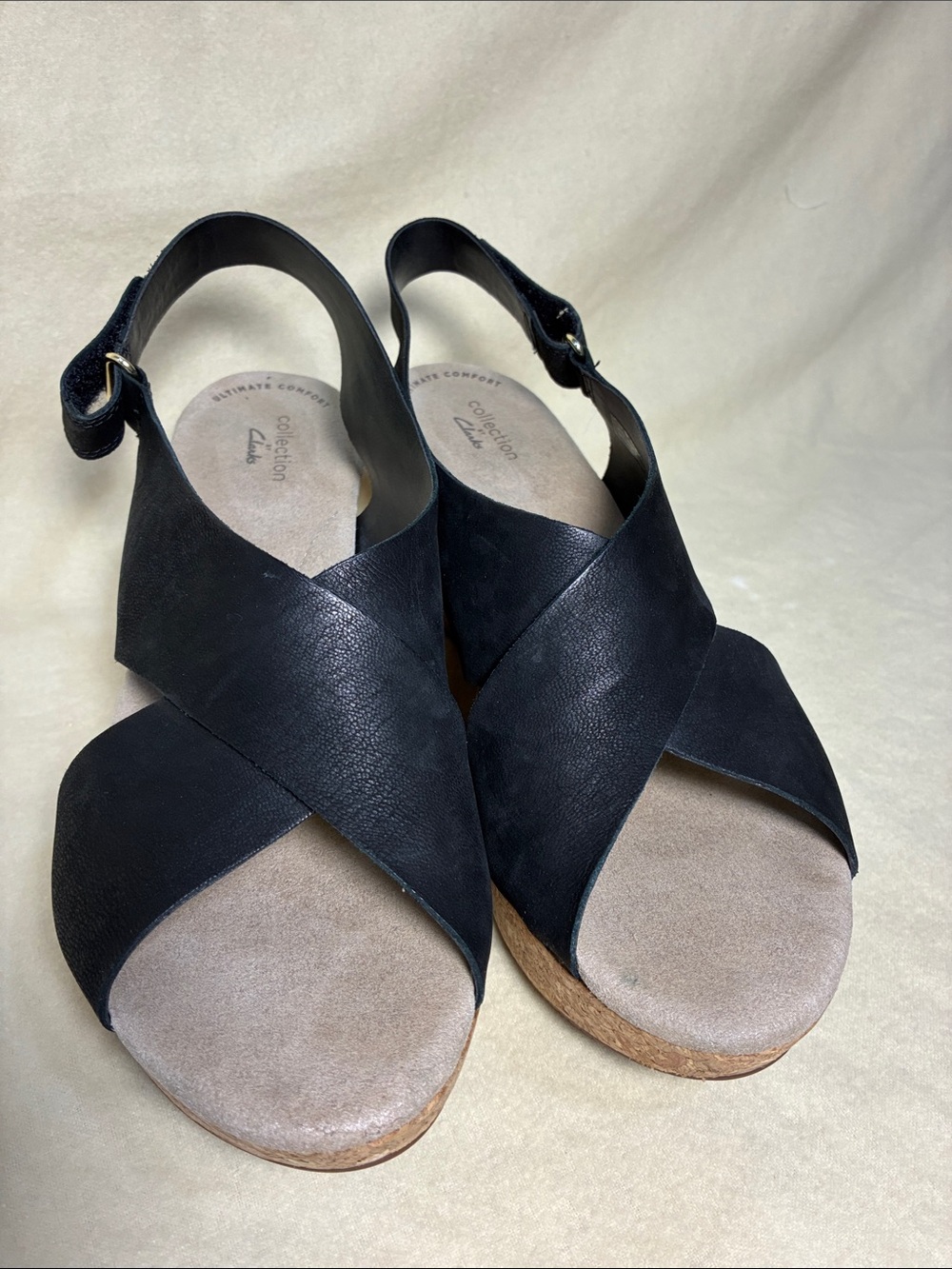 Clarks Black Leather Crisscross Wedge Sandals